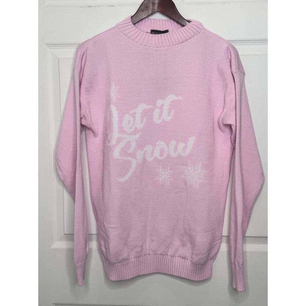 PrettyLittleThing LET IT SNOW Pink Knit Sweater Top Holiday Size 14 NEW